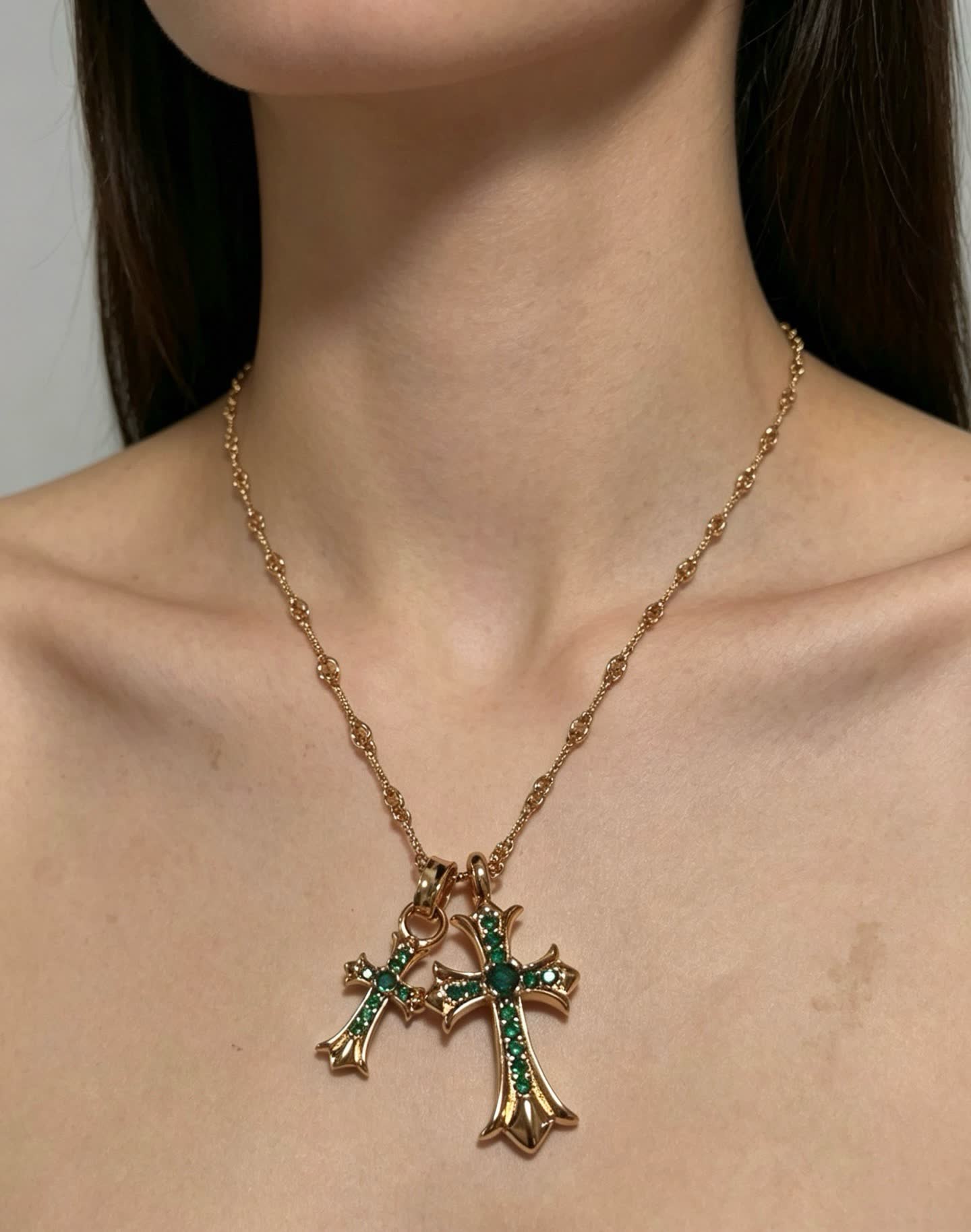 Chrome Hearts Gold Plated Rosary Necklace with Emerald Cross